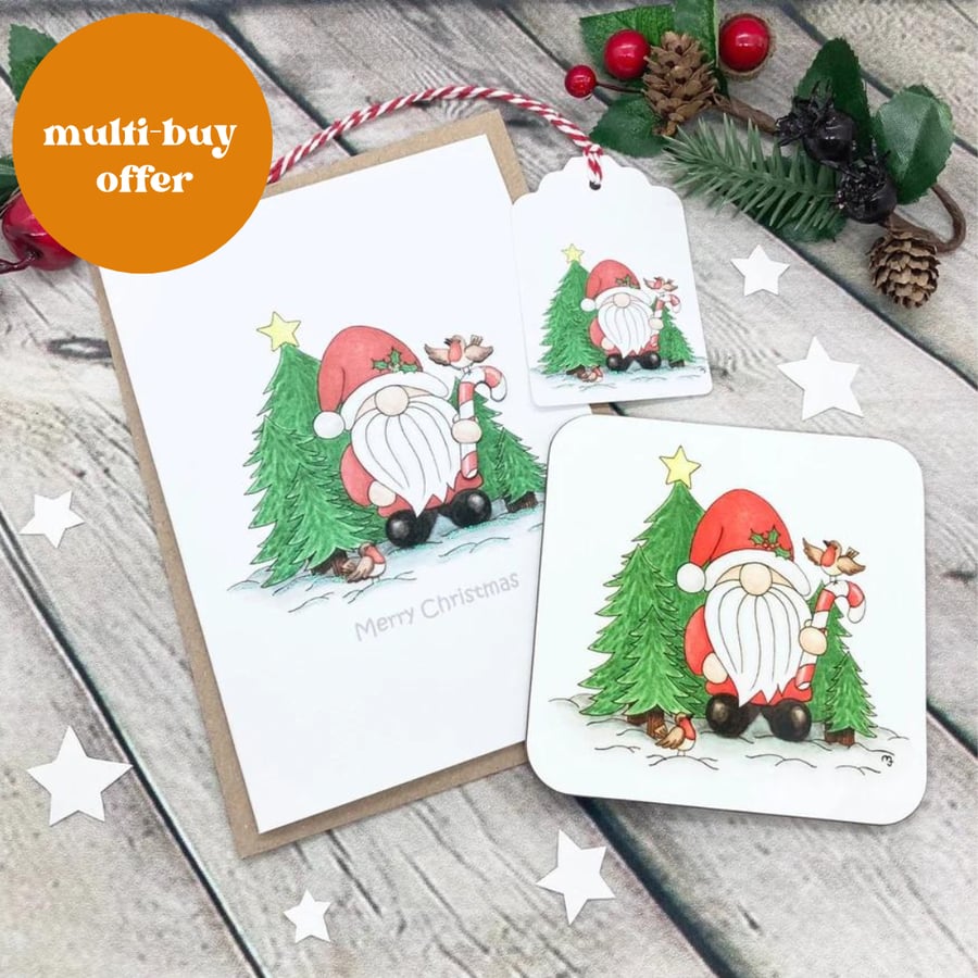 Christmas ‘Norm’ the Gnome Card, Gift Tag & Coaster Gift Set
