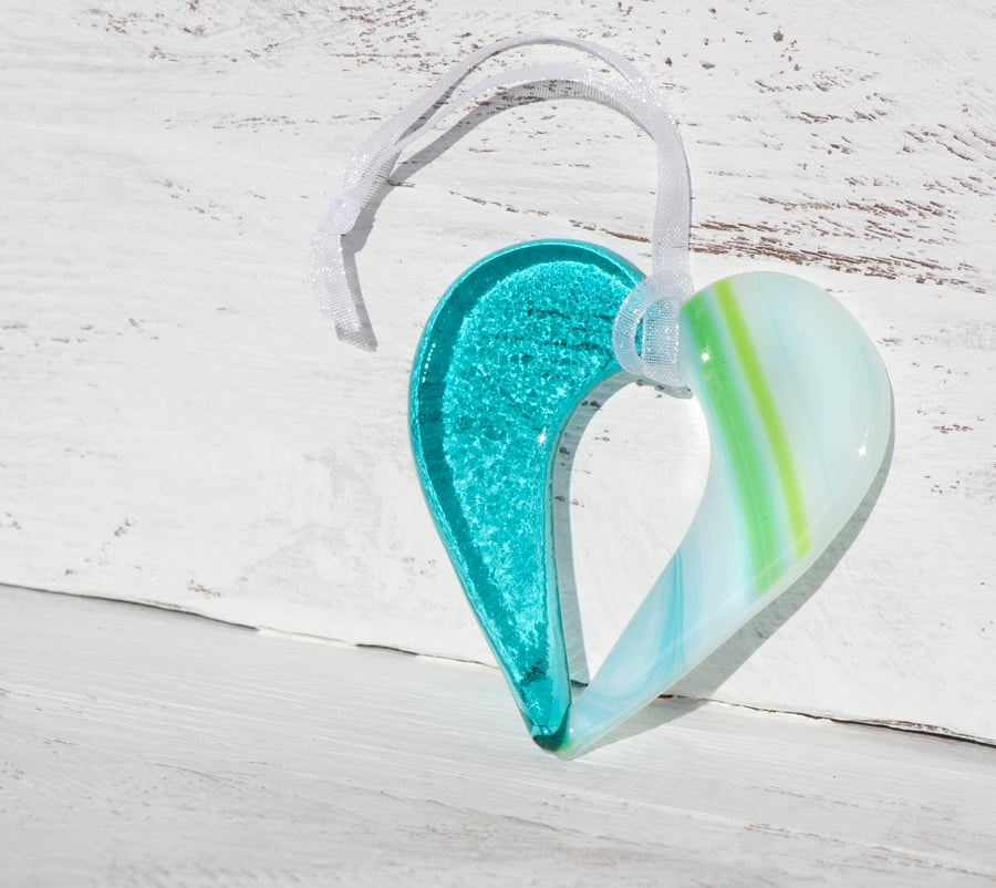 Teal and Green Striped Fused Glass Hanging Heart