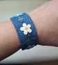 Upcycled Jeans Denim Bracelet with Lace Flowers and Stainless Steel Charms