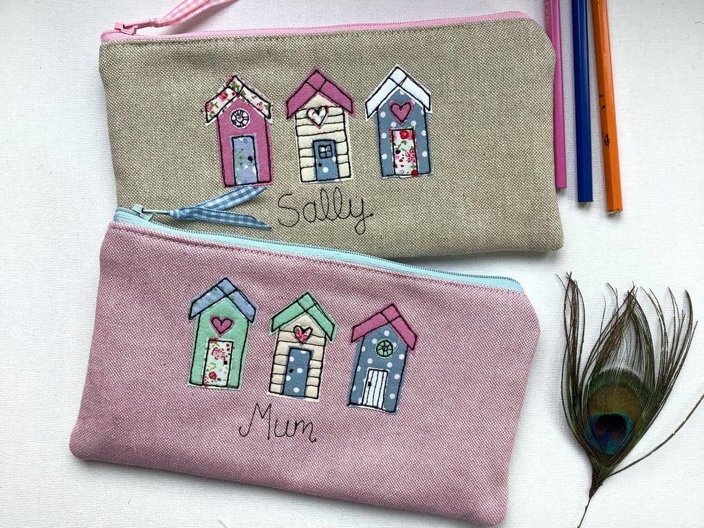 Personalised Beach Hut Pencil Case - Custom Seaside Pen Art Pouch - Blue or Pink