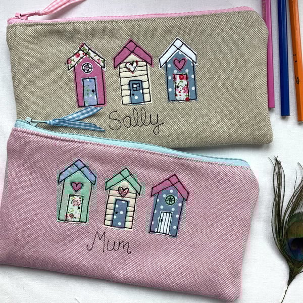 Personalised Beach Hut Pencil Case - Custom Seaside Pen Art Pouch - Blue or Pink