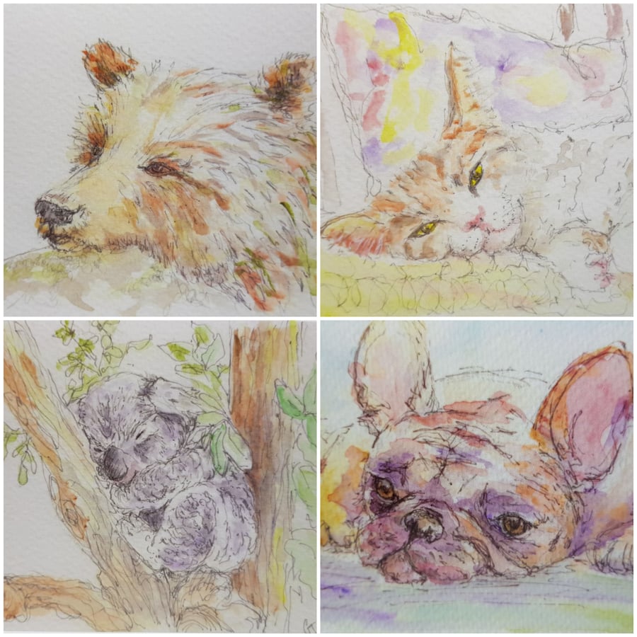 Set of four sleeping animal cards