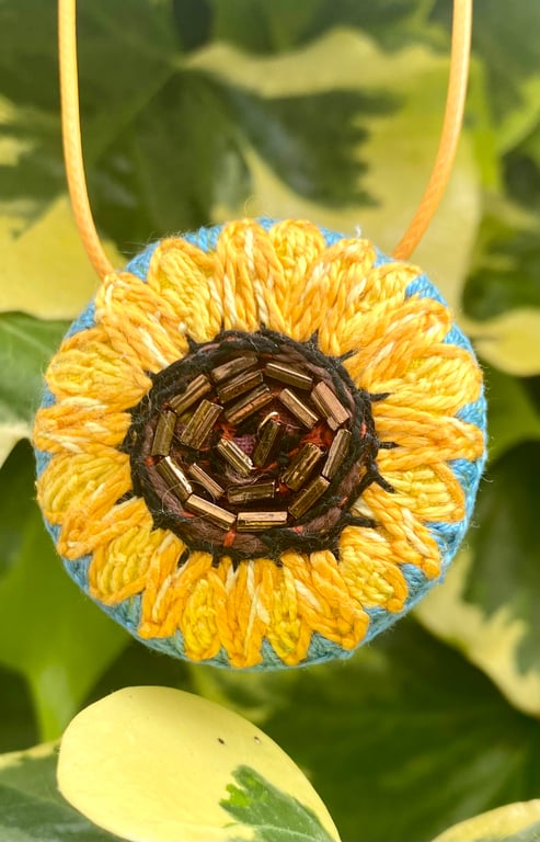 Sunflower Pendant, hand embroidered eco friendly gift