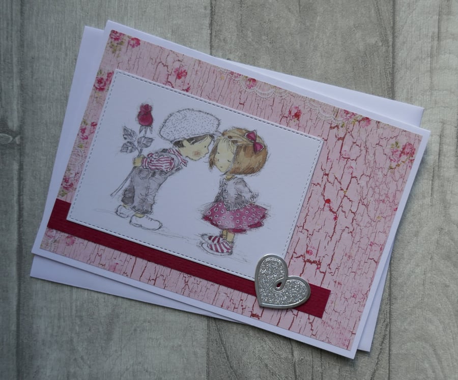 Cute Boy and Girl Floral Card with Silver Heart - Anniversary or Love Card