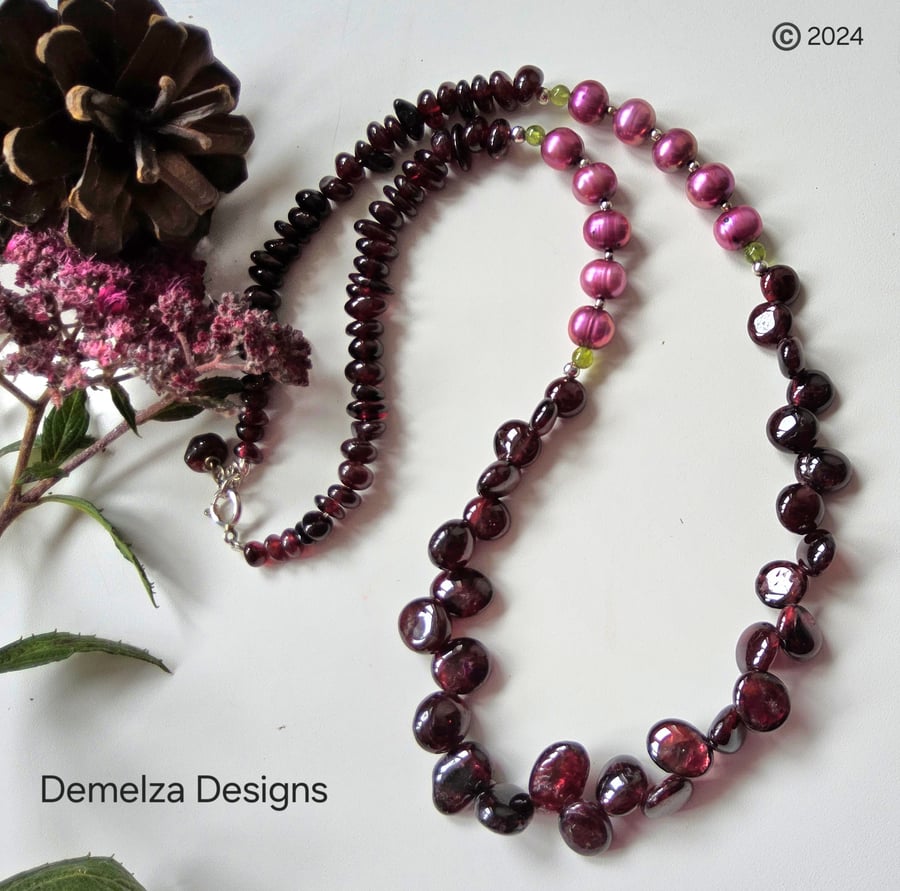 Indian Red Garnet, Peridot & Baroque Freshwater Pearl Sterling Silver Necklace 