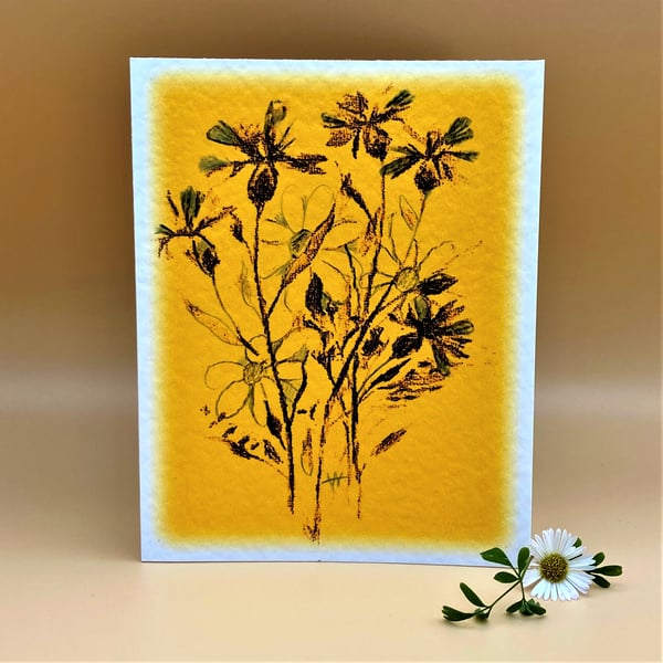 Blank Greetings Card, sketch of wildflowers on a vibrant yellow background. 