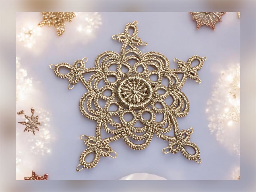 Tatted lace snowflake Christmas decoration with Dorset button centre