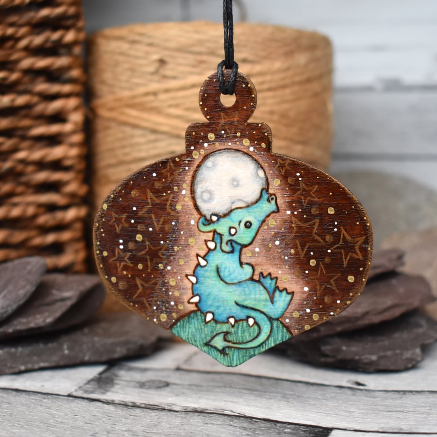 Cute green dragon hanging bauble. Pyrography personalisable Yule decoration.