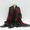 Chiffon shawl or scarf, nuno felted, black with poppy detail