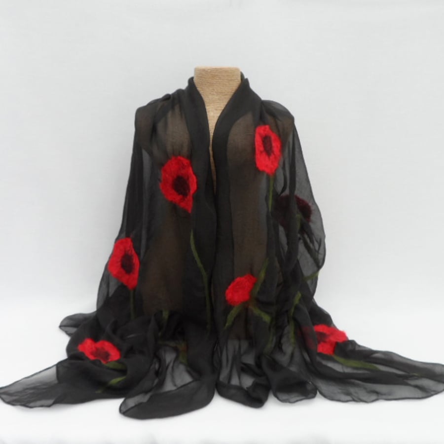 Chiffon shawl or scarf, nuno felted, black with poppy detail