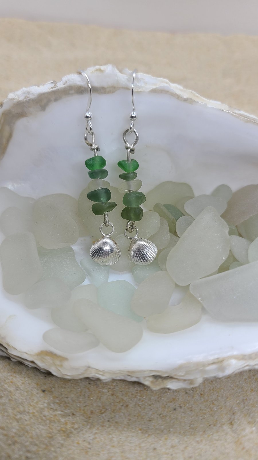 Sea glass stack and silver cockle earrings 