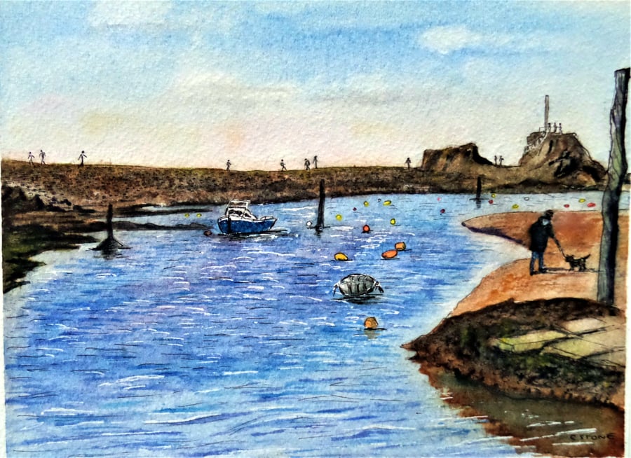 Breakwater from Summerleaze Beach Bude Original ink and watercolour painting 
