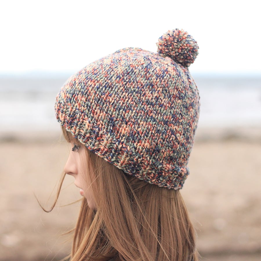 Beanie hat knitted multicolor women's bobble cap, pom-pom winter 