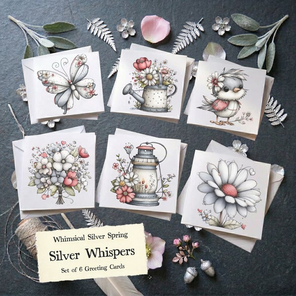 Set of 6 Whimsical Silver Spring Greeting Cards - Silver Whispers Collection