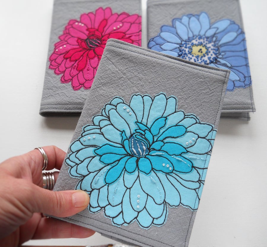 A6 free motion and hand embroidered floral notebook - teal blue