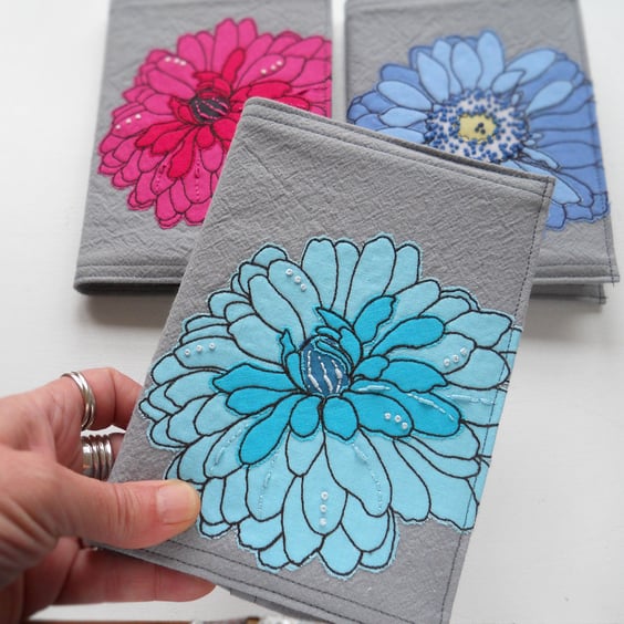 A6 free motion and hand embroidered floral notebook - teal blue