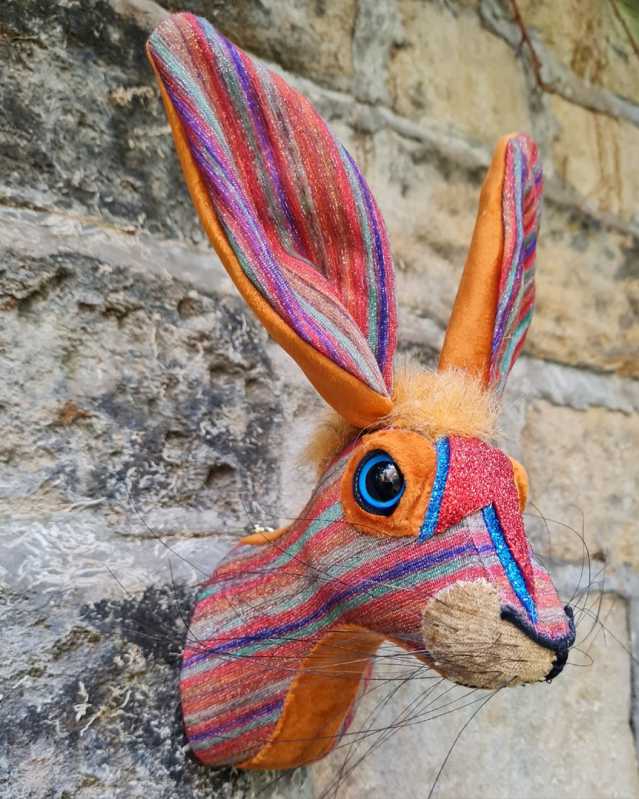 Faux hare head wall mount in multi coloured lurex - Ziggy Haredust