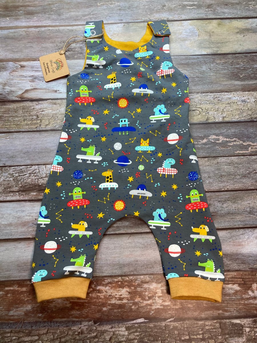 Grey Mustard Alien Spaceship Baby dungarees, Space Ship Baby Dungarees Romper 0-