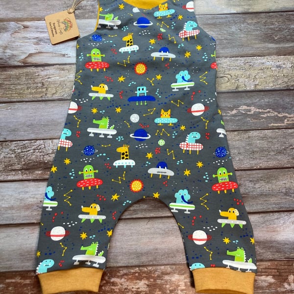 Grey Mustard Alien Spaceship Baby dungarees, Space Ship Baby Dungarees Romper 0-