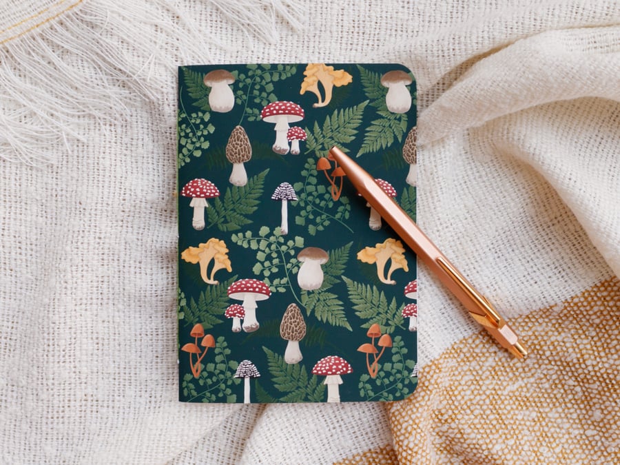 A6 Handmade Notebook with Mushroom & Fern Design