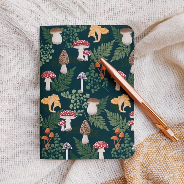 A6 Handmade Notebook with Mushroom & Fern Design
