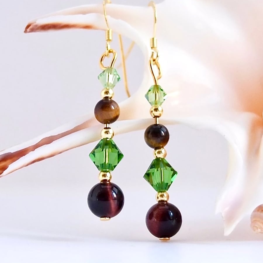 Tiger's Eye Earrings With Green Crystals - Handmade Gift, Anniversary, Leo 