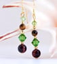 Tiger's Eye Earrings With Green Crystals - Handmade Gift, Anniversary, Leo  - Image 1