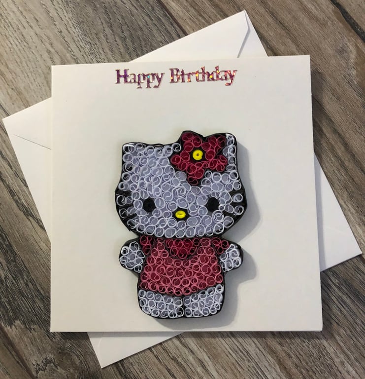 Handmade quilled kitty happy birthday card
