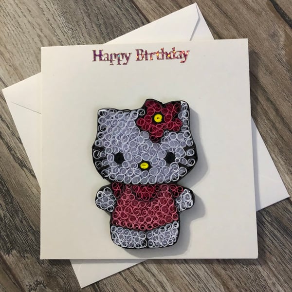 Handmade quilled kitty happy birthday card