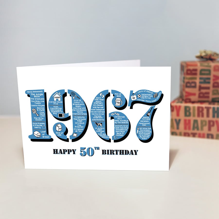 Happy 50th Birthday Male Mens Greetings Card Year of Birth - Born 1967 Facts A5