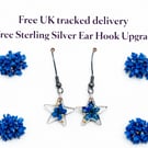 Small Blue Flower Star Resin Dangle Earrings with Gold Leaf