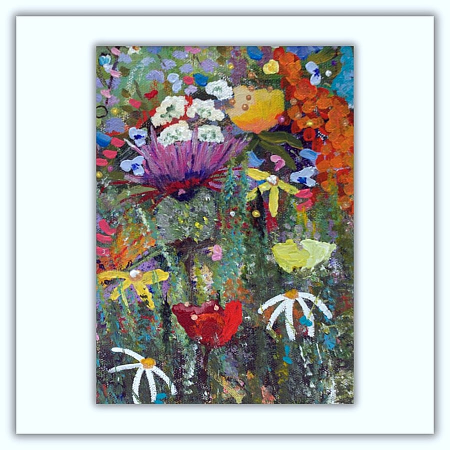 A mounted painting of wildflowers - an original mounted artwork - colourful