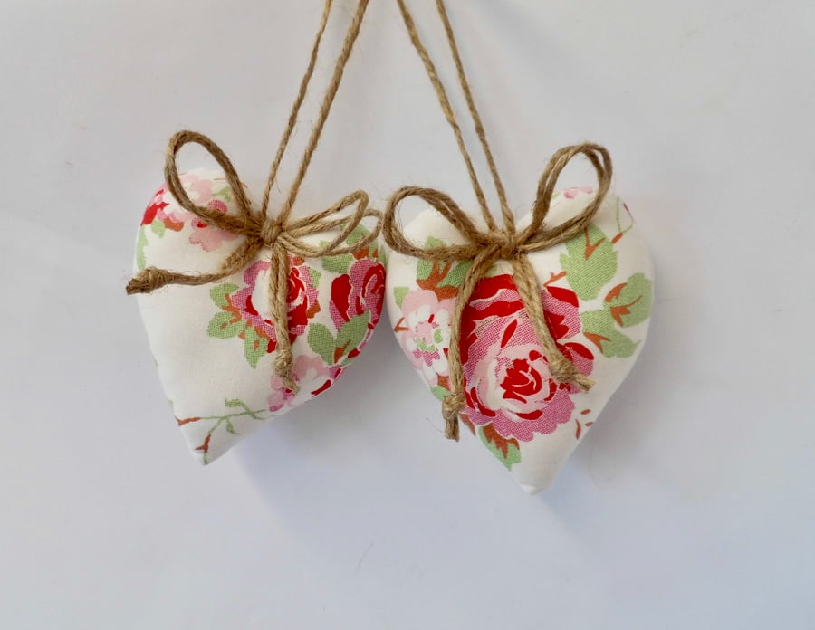 Pair heart decorations floral pink and white fabric Kidston Rosali