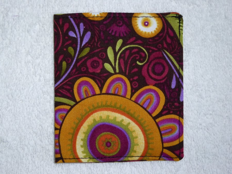 Flip Card Wallet. Folk Art Flowers on Purple Print Fabric