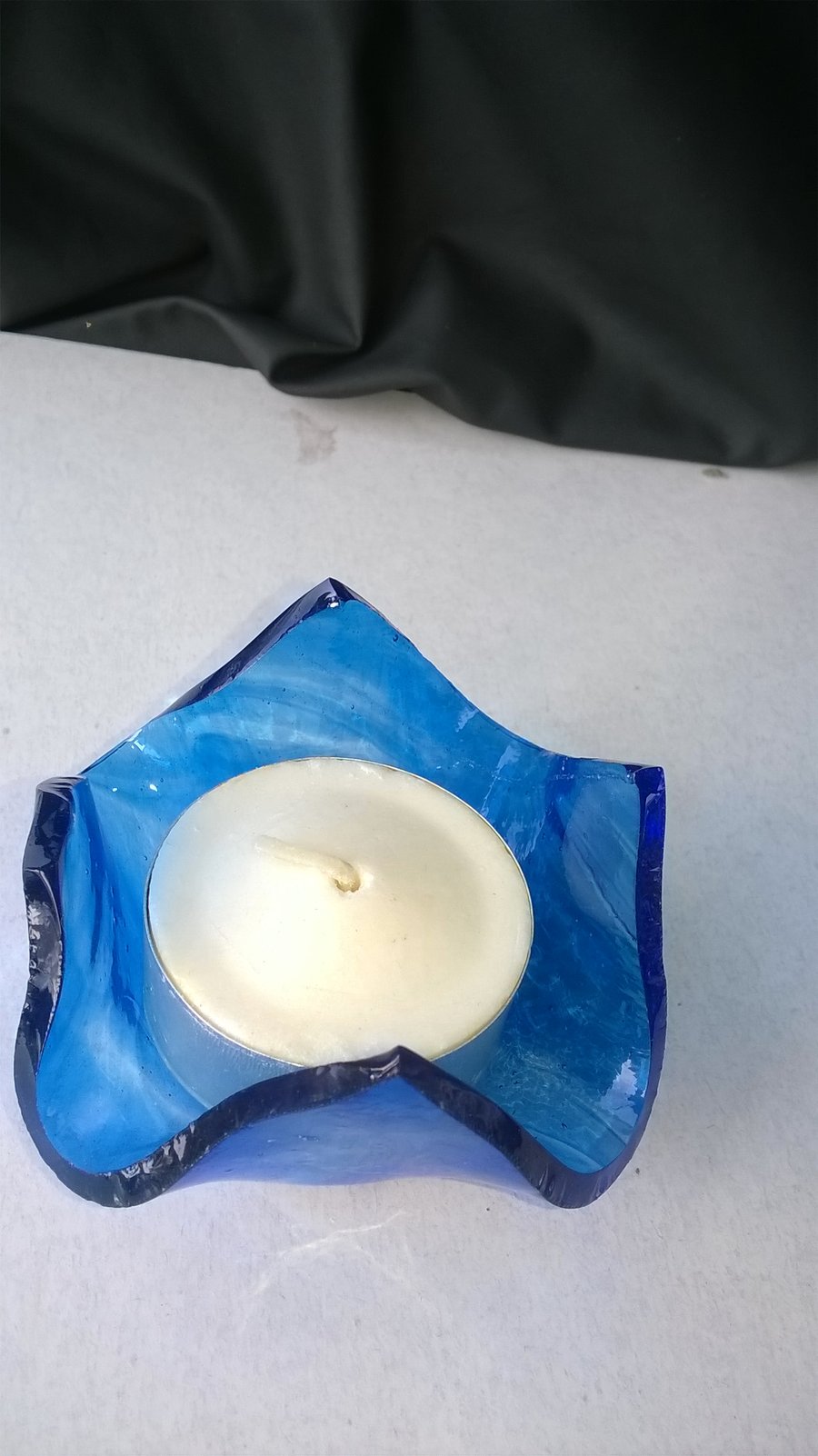 Blue handkerchief drape candle, t-light or jewellery holder