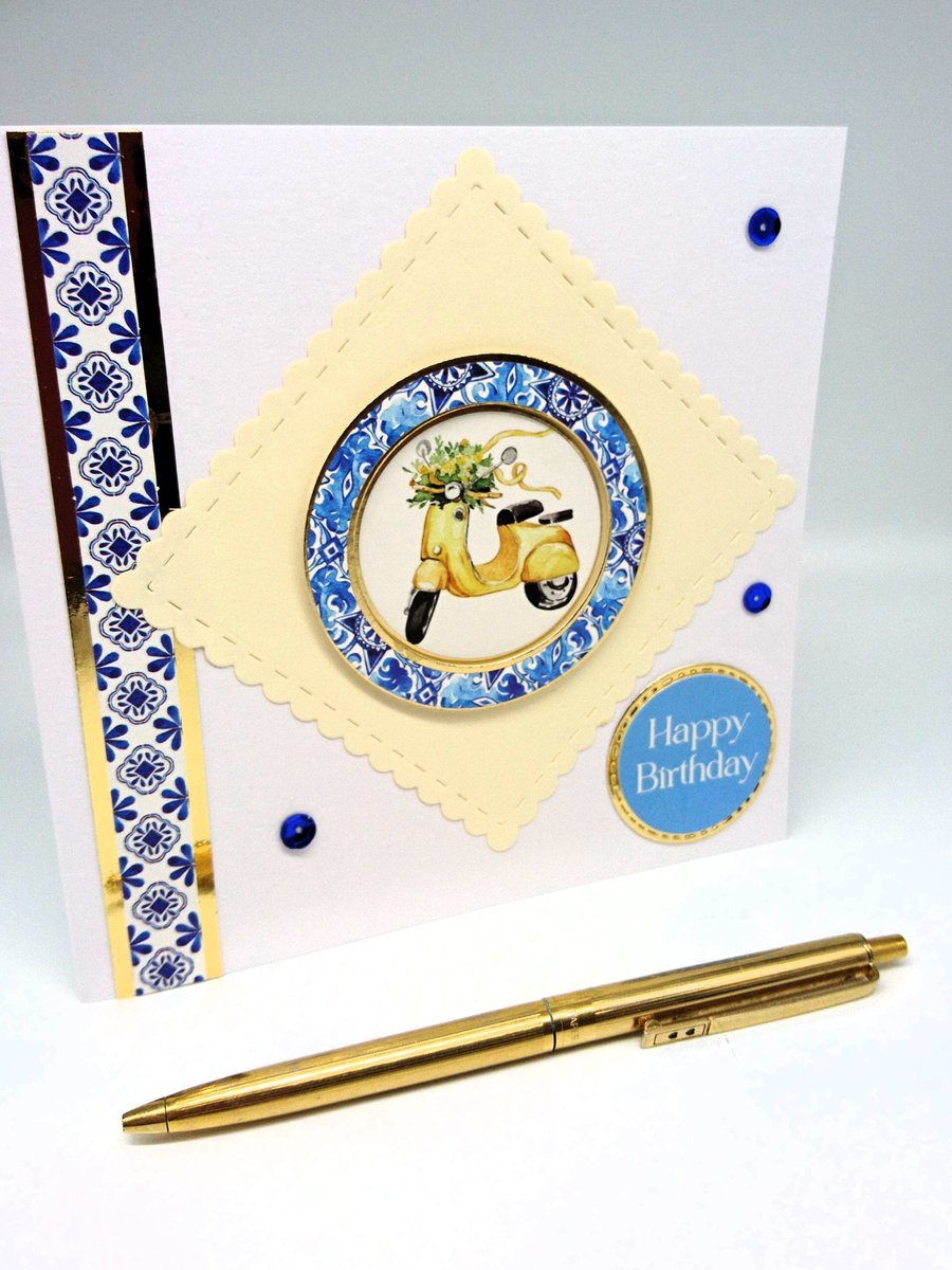Happy Birthday Card,Cute Yellow Scooter with Mediterranean Designs and Colours