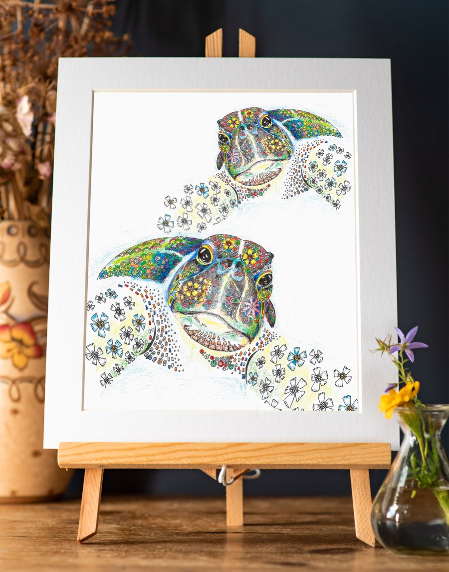 Sea Turtles a4 size mounted, signed print 
