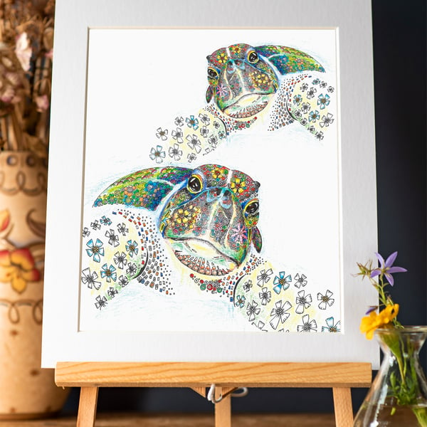 Sea Turtles a4 size mounted, signed print 