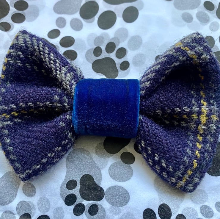 Harris Tweed Dog Bow with Velvet Centre - Folksy