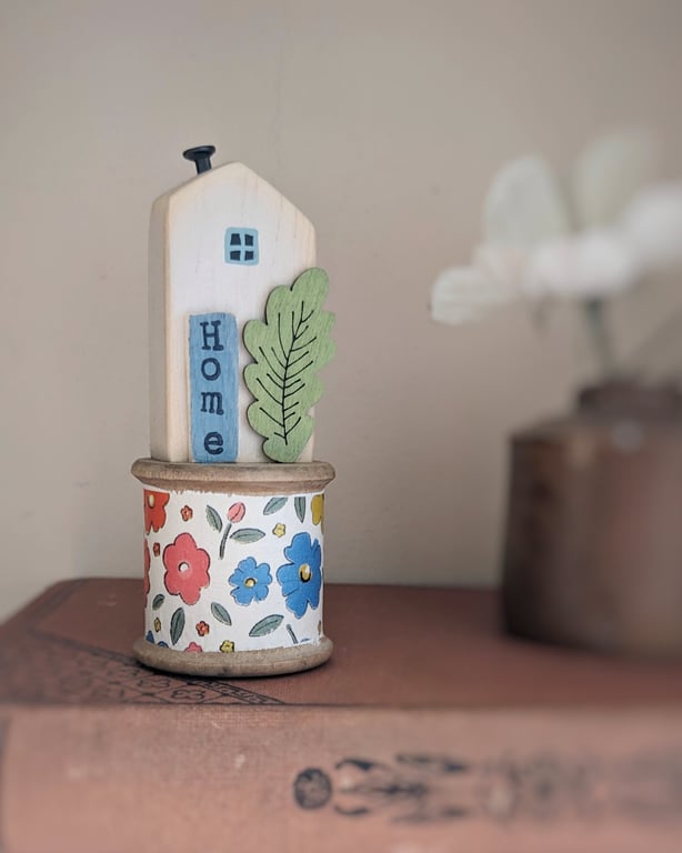 Little Wooden House on a Vintage Bobbin 'Home' 
