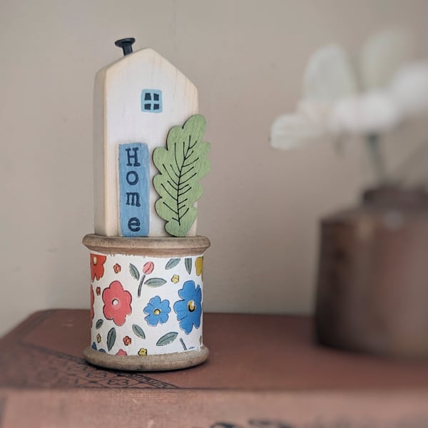 Little Wooden House on a Vintage Bobbin 'Home' 