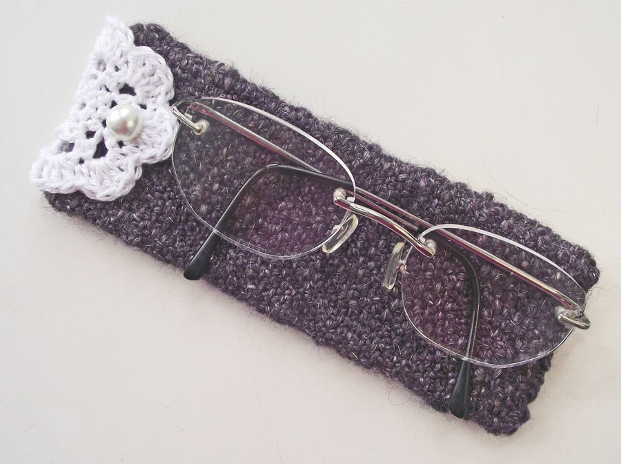 Glasses Case, Bag or Pouch, Knitted Artisan Handspun Purple Merino & Sparkle