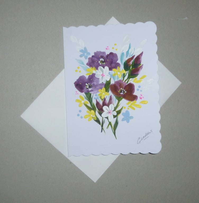 original art hand painted floral blank card ( ref FA 300 A6 )