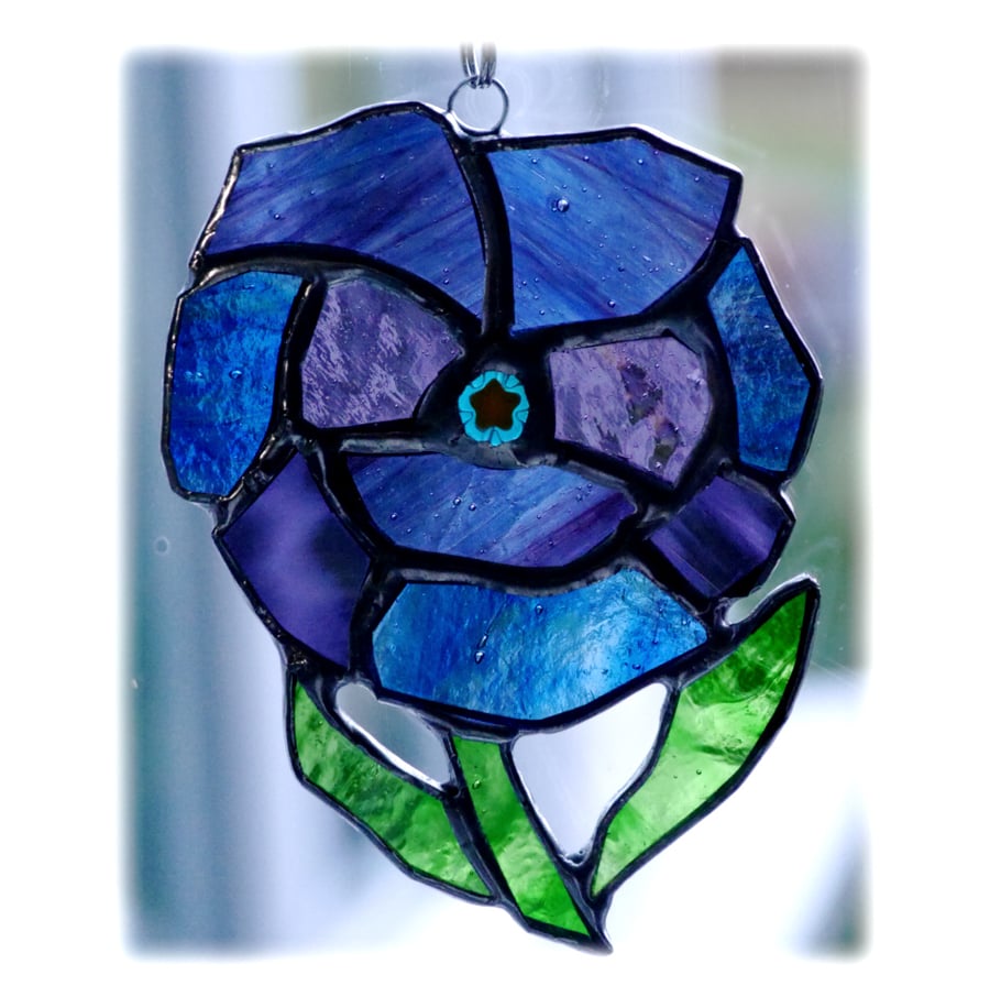 Pansy Suncatcher Stained Glass Blue Purple Flower 010