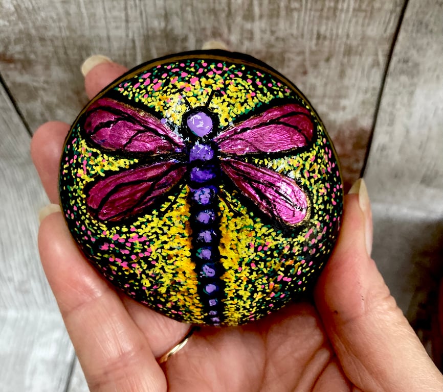Dragonfly Painted Natural Stone Rock Art With Metallic Decor Finish
