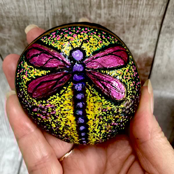 Dragonfly Painted Natural Stone Rock Art With Metallic Decor Finish