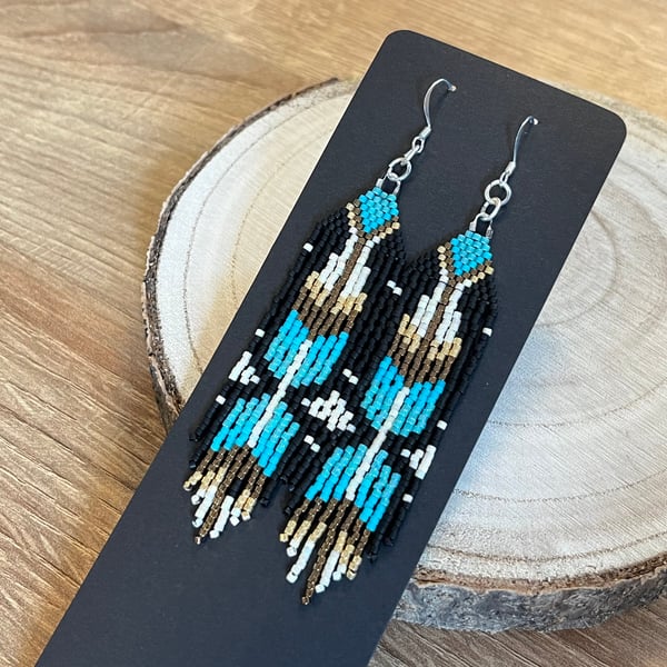 Southwestern inspired beaded feather fringe earrings