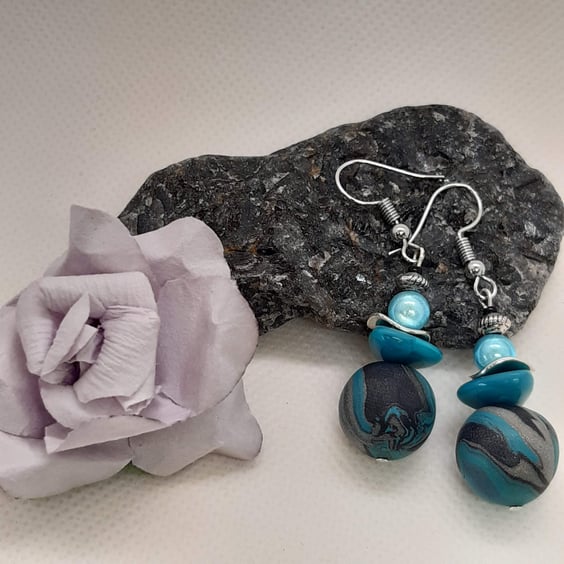 Dangly polymer clay earrings in turquoise, silver and black