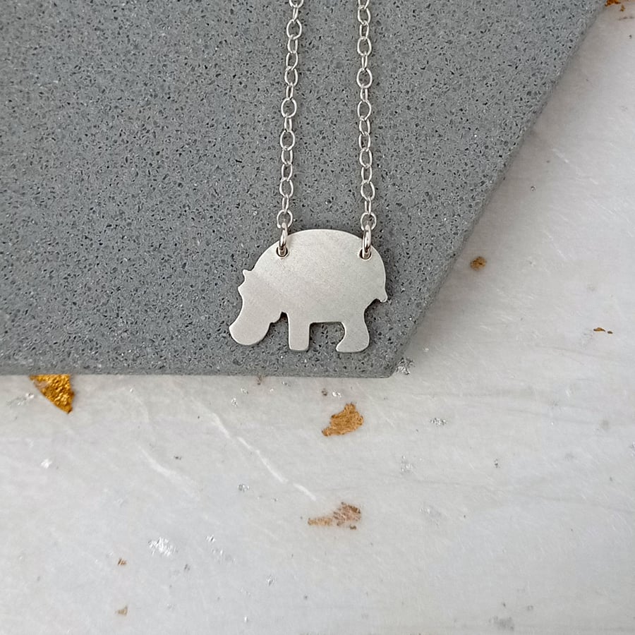 Recycled sterling silver hippo pendant necklace – handmade animal jewellery