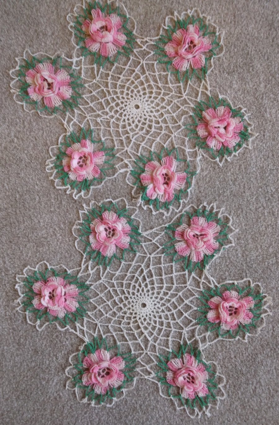 Crochet cotton table mats, in white  with variegated pink roses borders